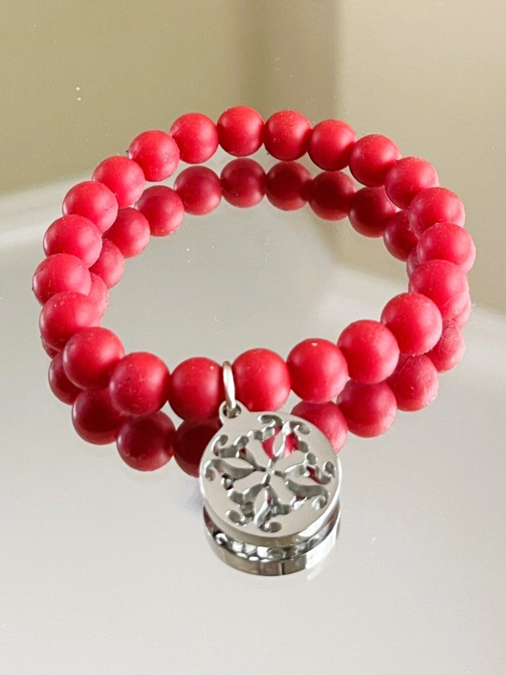 Rustic Cuff Stainless  Red Silicone Beaded Stretch Bracelet